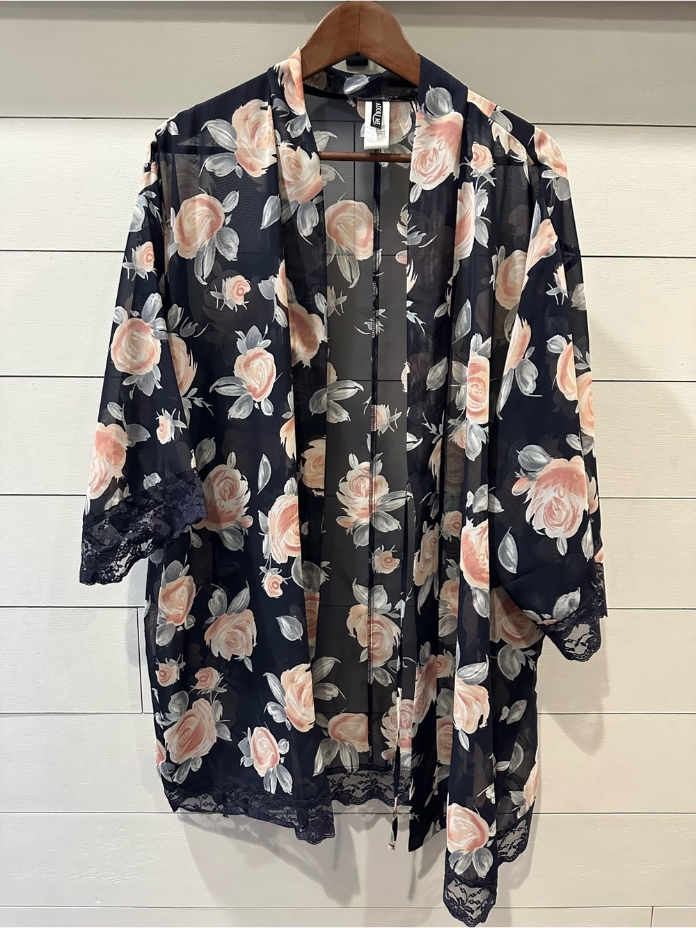 Adore Me Floral Sheer Robe with Lace Trim - Peach Roses on Black-size Medium